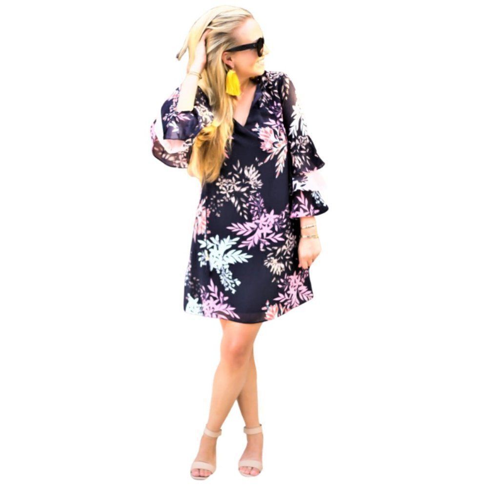 Tiered Waterfall Bell Sleave Dress Navy Floral Print Leather Tassel Embelishment